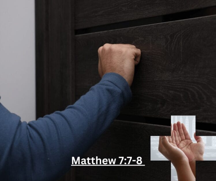 Person knocking on wood door, Matthew 7:7-8 reference.