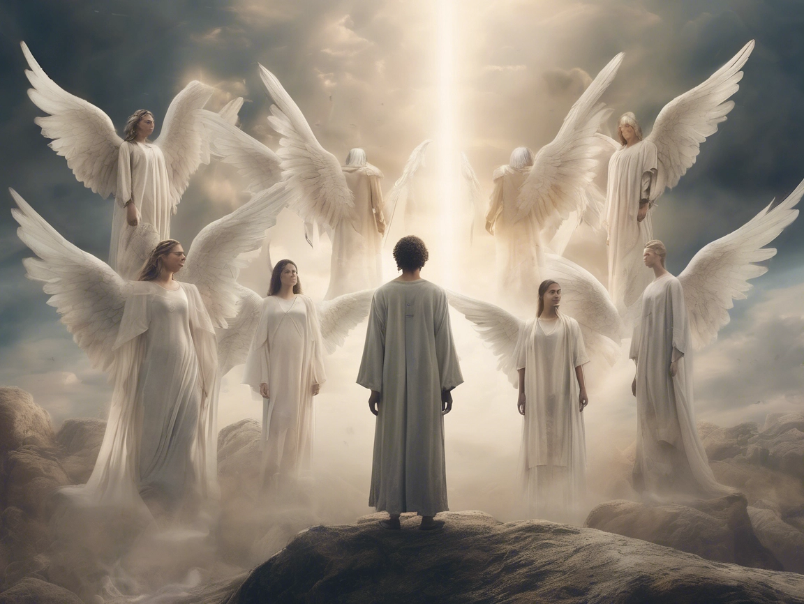 Angelic figures in flowing robes and wings.