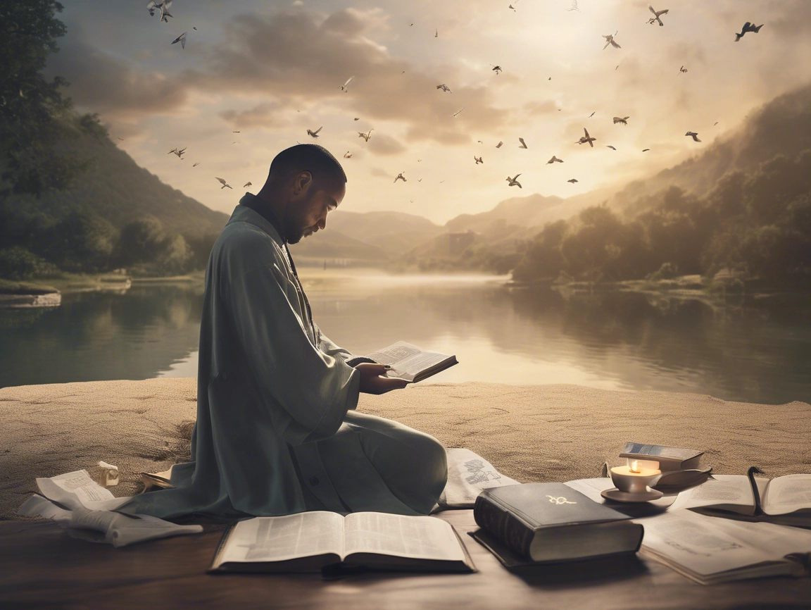 Man reading outdoors by tranquil river at sunset.