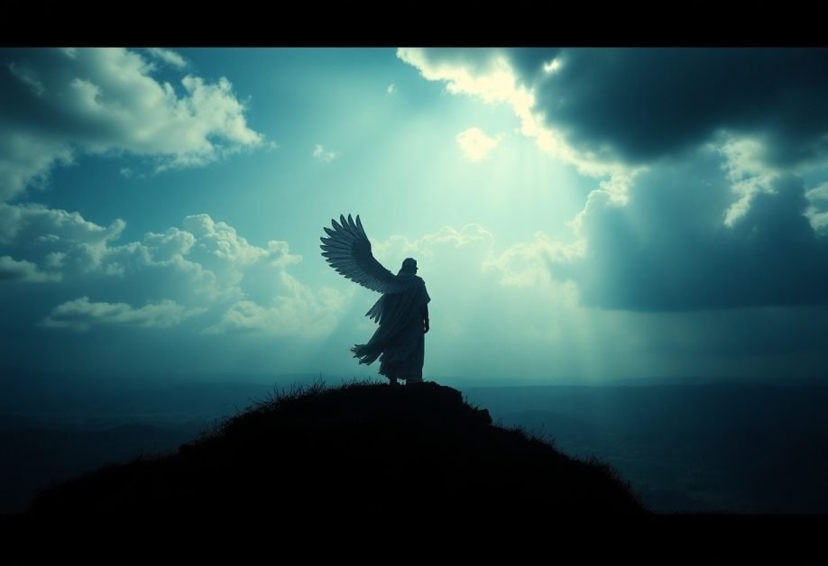 Silhouetted angel with wings on hilltop, dramatic sky.
