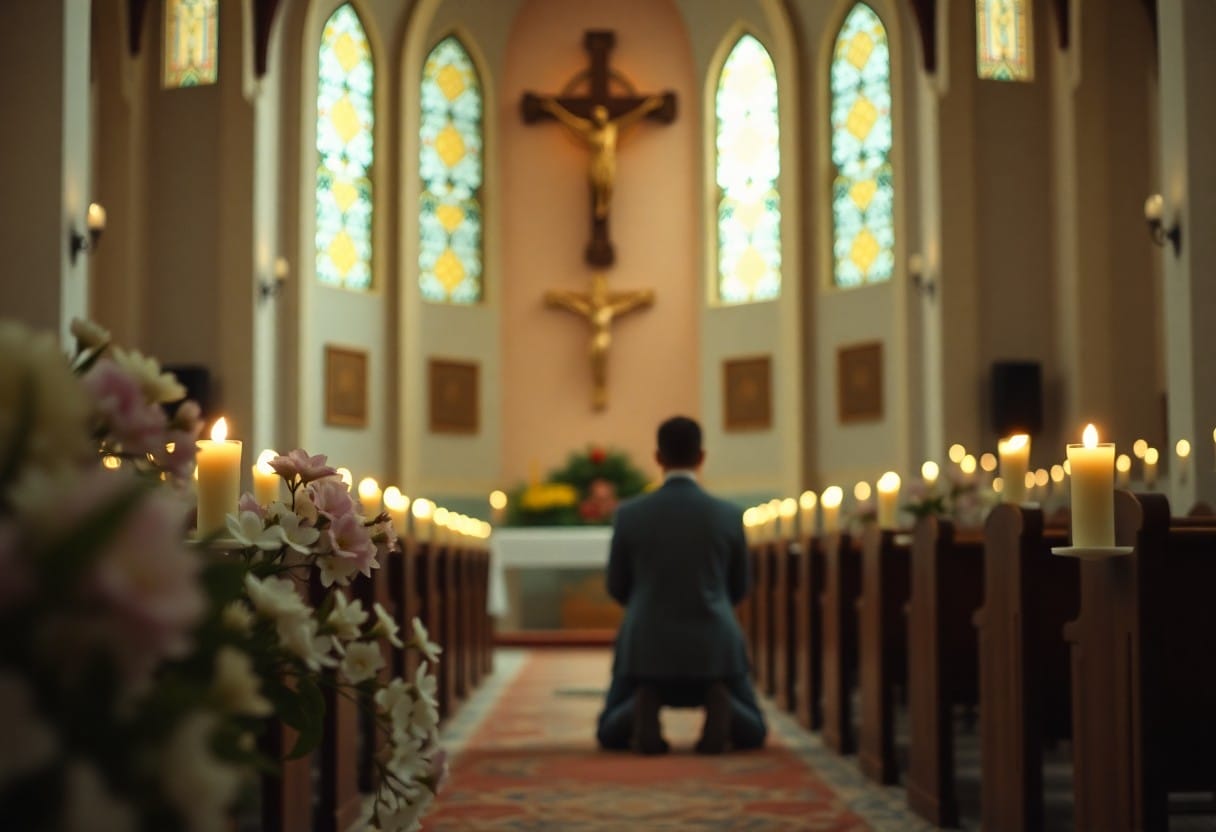 Person kneeling in candle-lit church.
