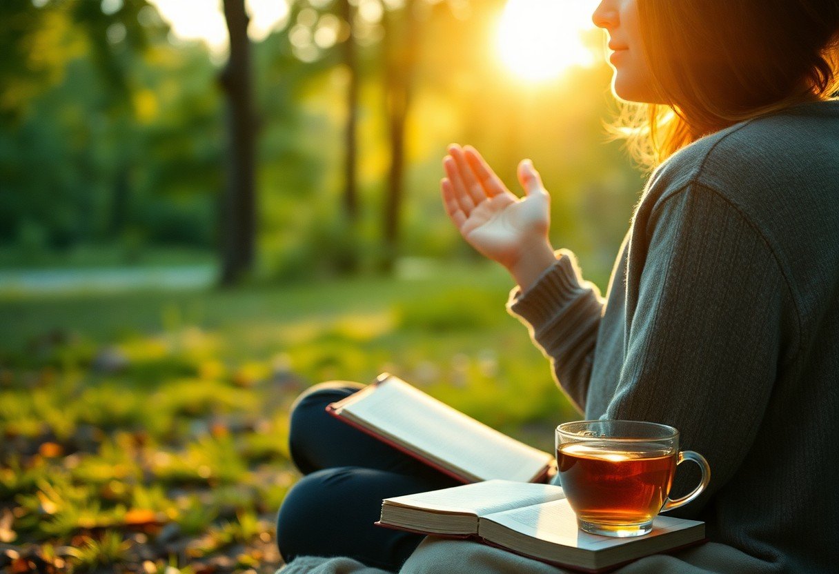 Woman meditating with tea and book at sunset.