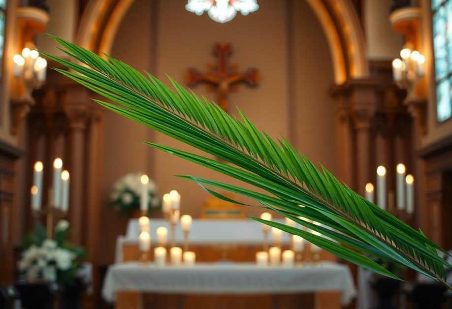 Palm frond in church with candles and cross.
