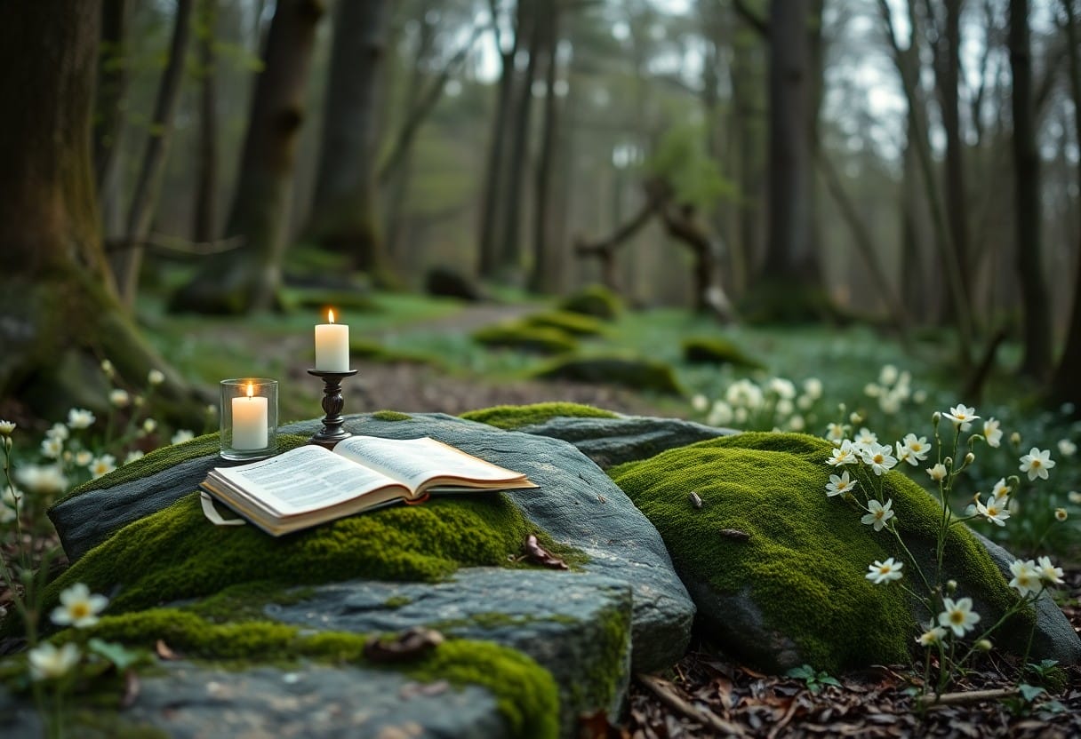 Open book, candles on mossy stone in forest