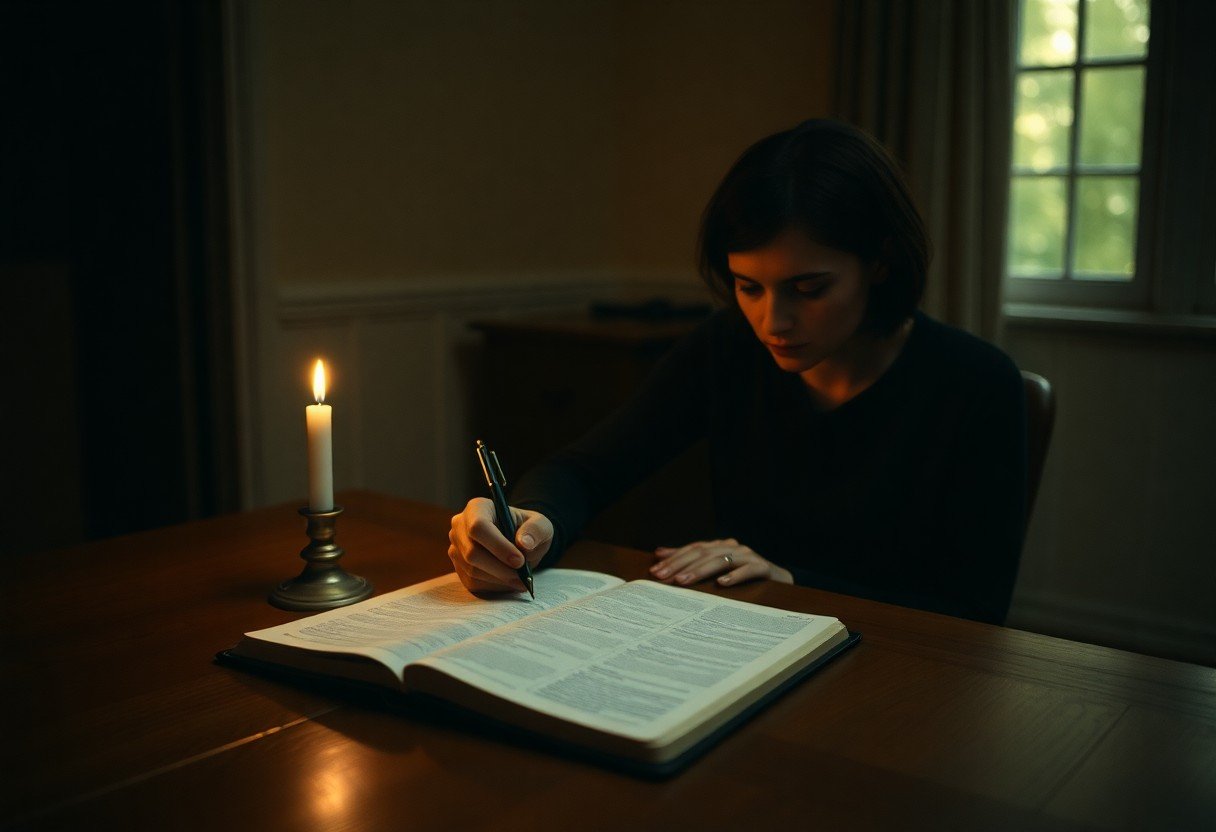 Woman writing by candlelight at table.
