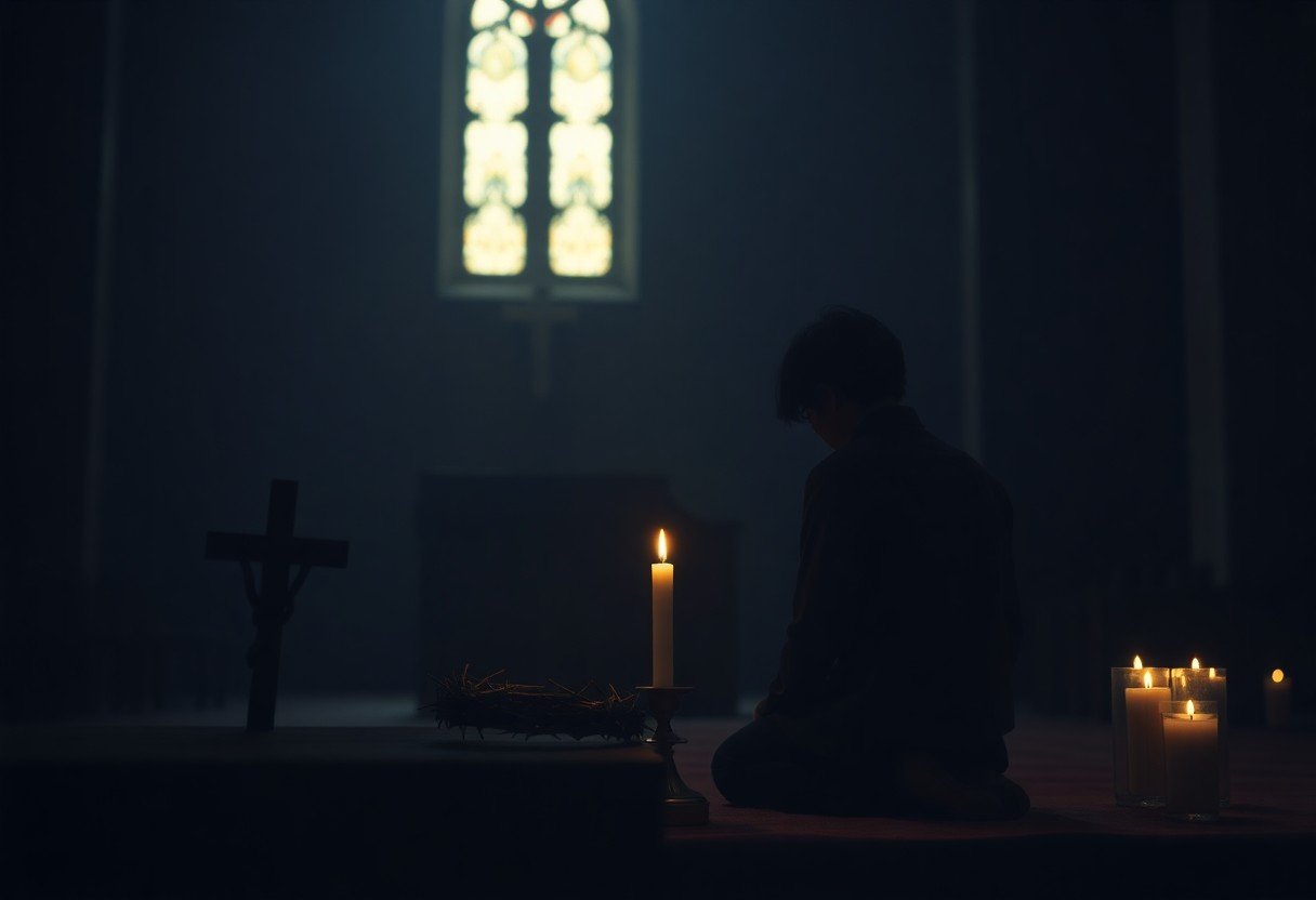 Person praying in church with candles lit