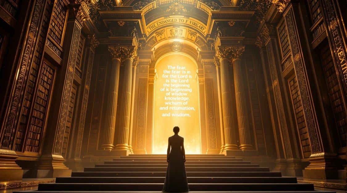 Person in grand library with glowing archway.