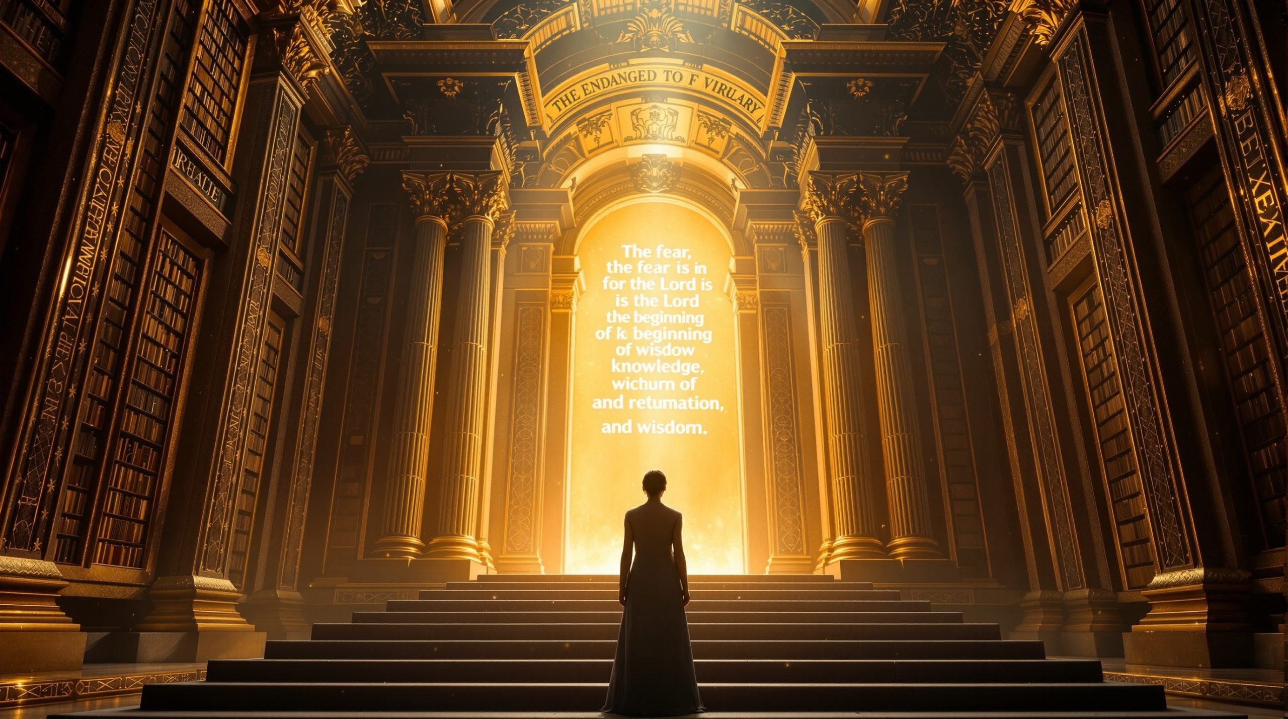 Person in grand library with glowing archway.