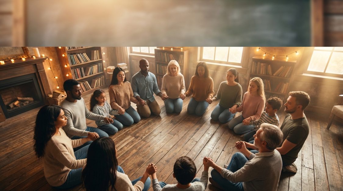 Diverse group meditating in circle, cozy library setting.