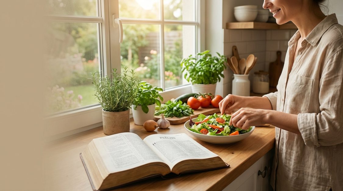 Woman preparing salad in a cozy kitchen.