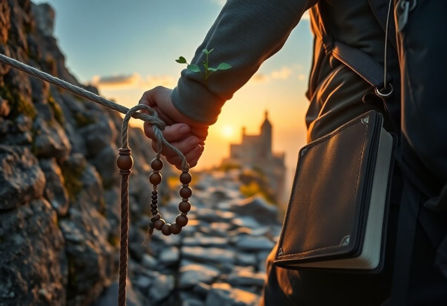 Person holding beads on rocky path at sunset.