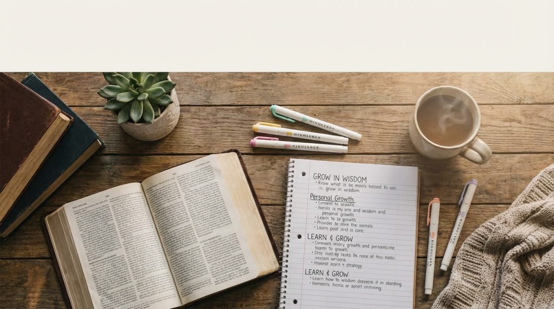 Open book, notebook, coffee, and pens on wooden table.