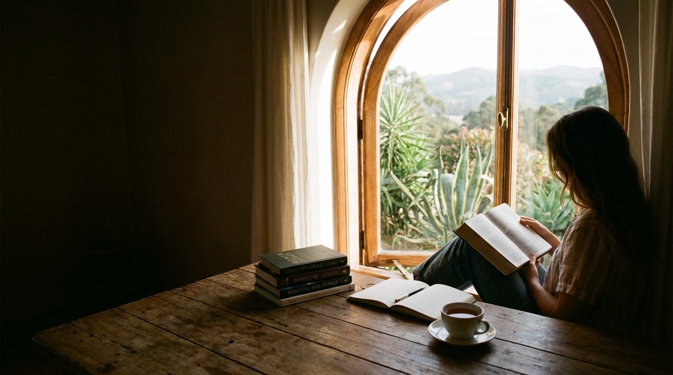 Woman reading by sunny window, books on table