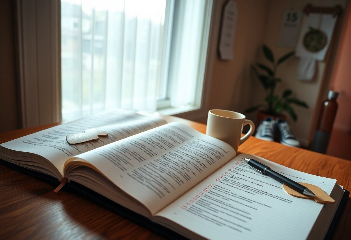 Open book with pen and coffee on table.