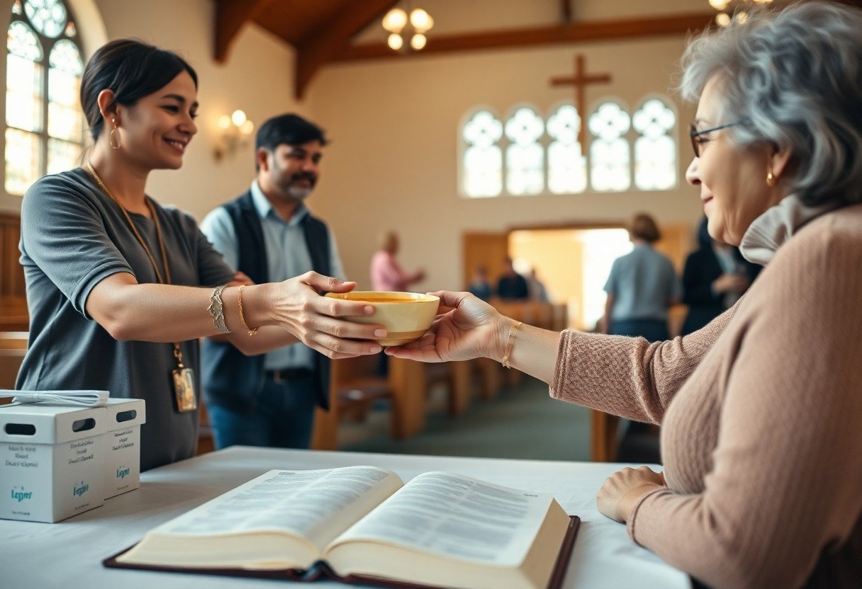 Church community sharing a bowl during service.