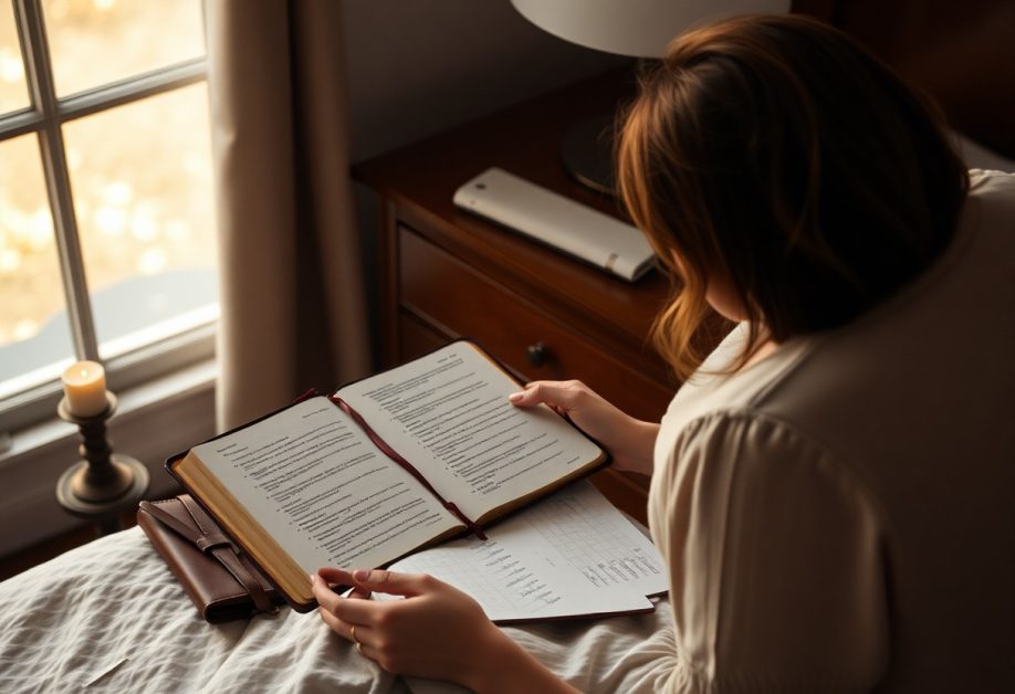 Person reading a book by candlelight.