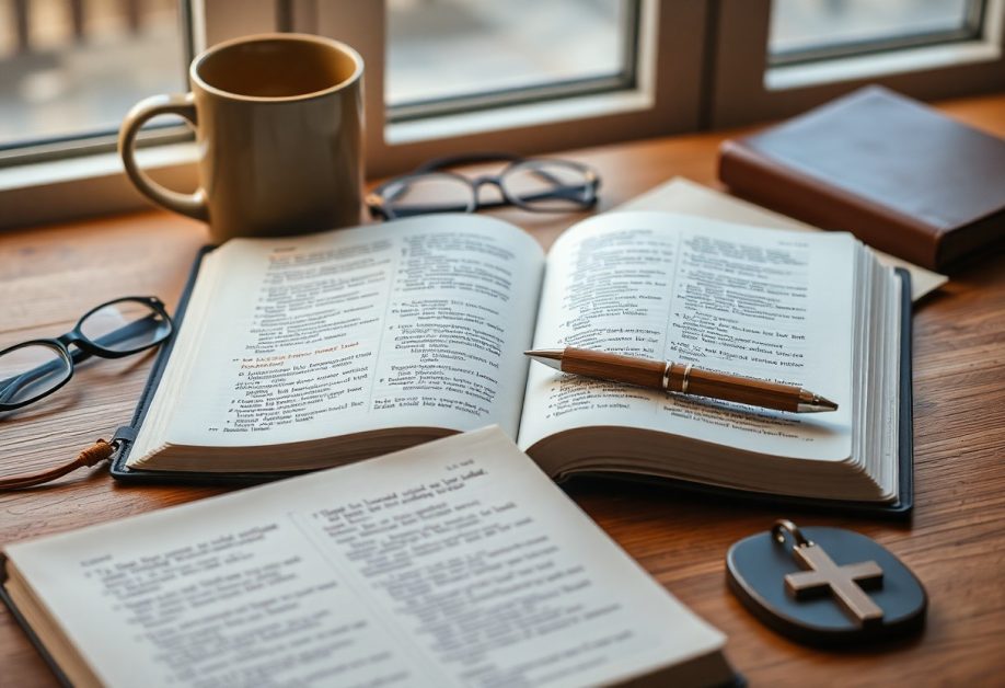 Open Bible with glasses and coffee cup