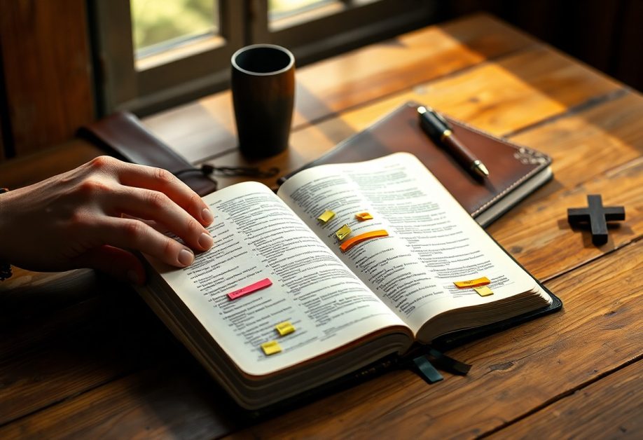 Person reading a book with notes on table.