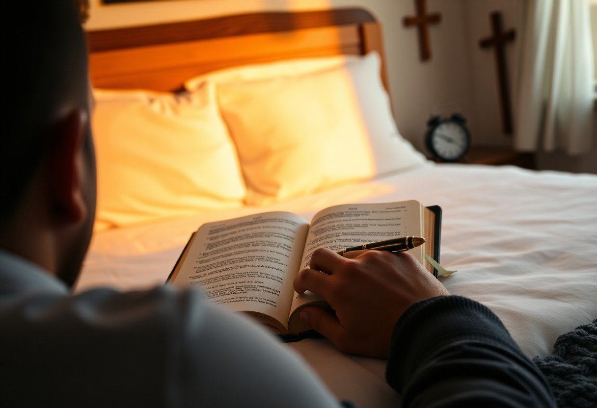 Person reading a book on bed.