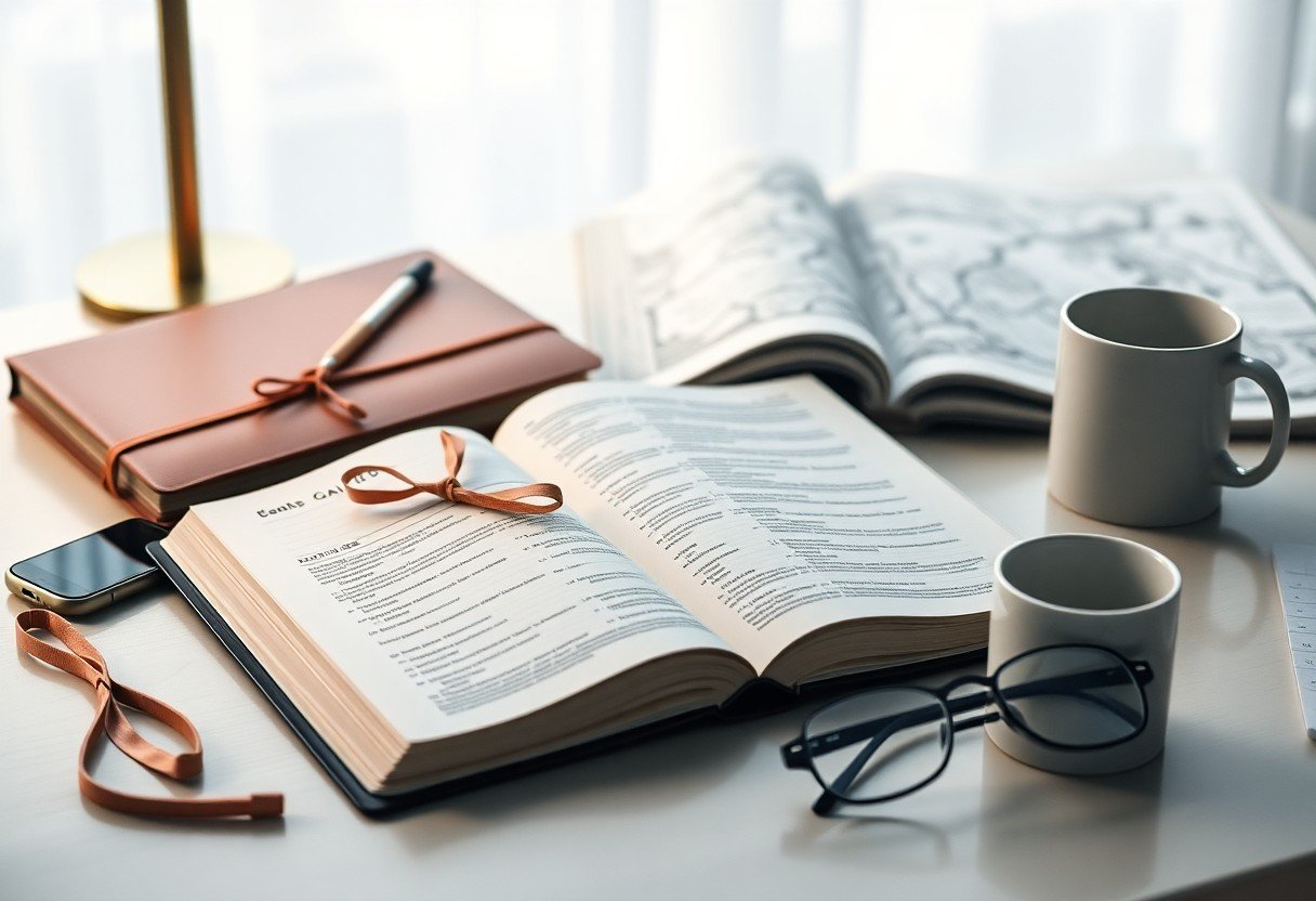 Open book with glasses and coffee mug