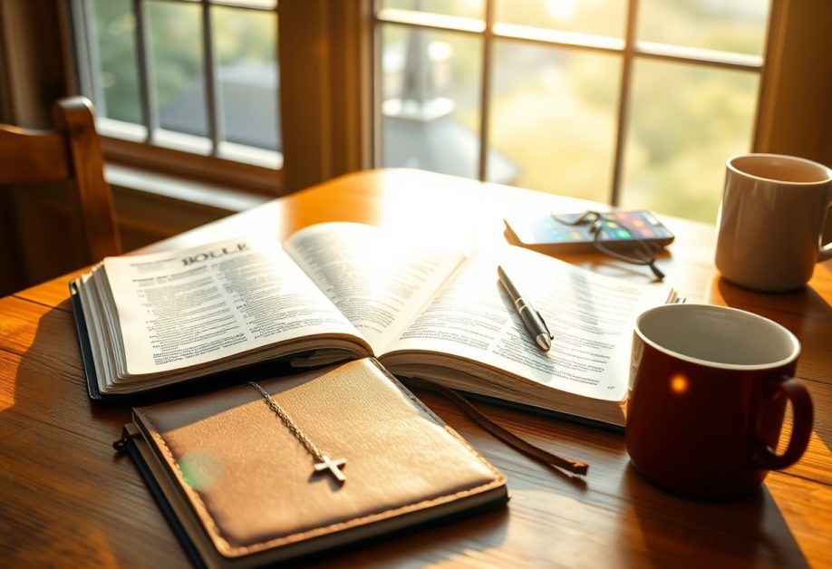 Bible study with notebook, pen, and coffee.