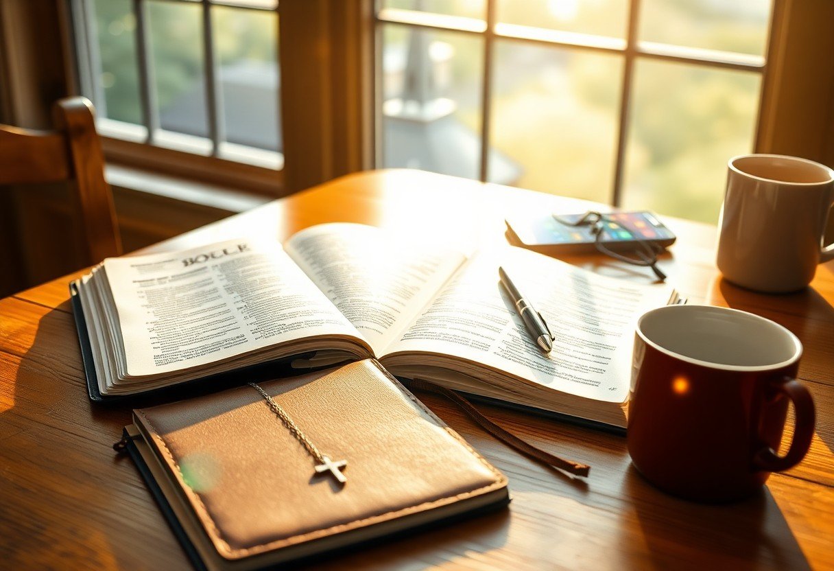 Bible study with notebook, pen, and coffee.