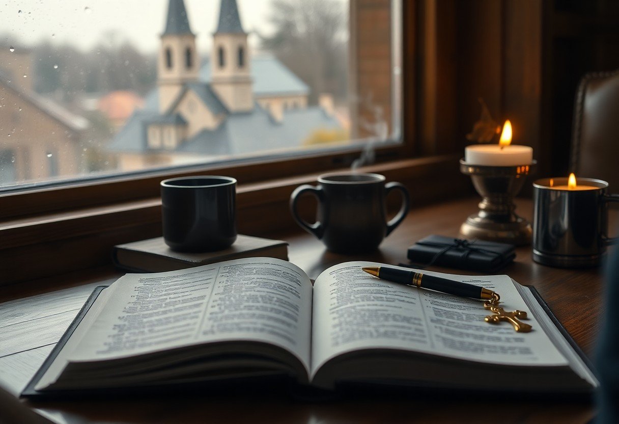 Open book, pen, coffee, candle, church view.
